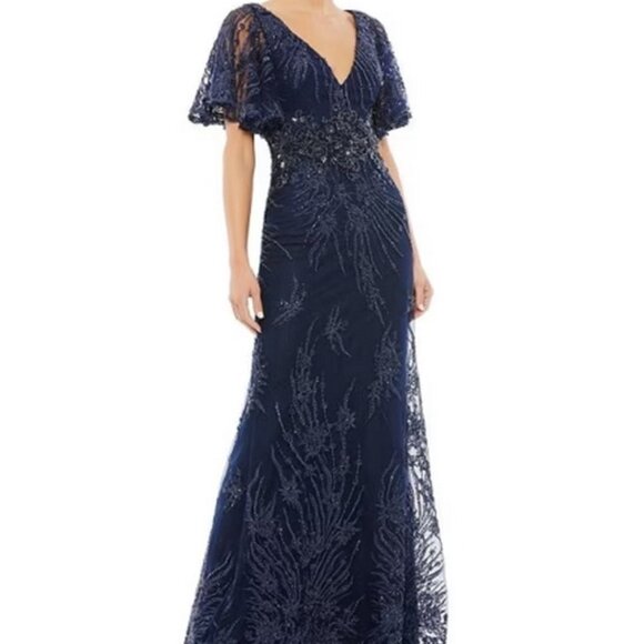 Mac Duggal Midnight Blue Embellished Illusion V-Neck Flutter Sleeve Gown